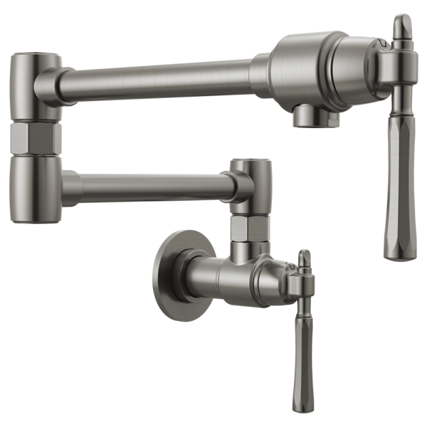Brushed stainless steel wall-mount pot filler faucet with folding arm and lever handles.