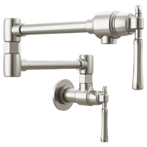 Brushed stainless steel wall-mounted pot filler with articulating arm and lever handles in multiple angles.
