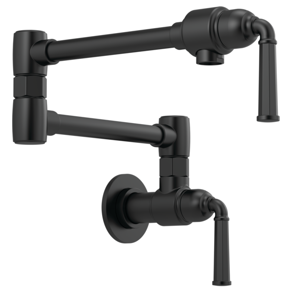 Matte black wall-mounted pot filler with dual articulating arms and cylindrical spouts.
