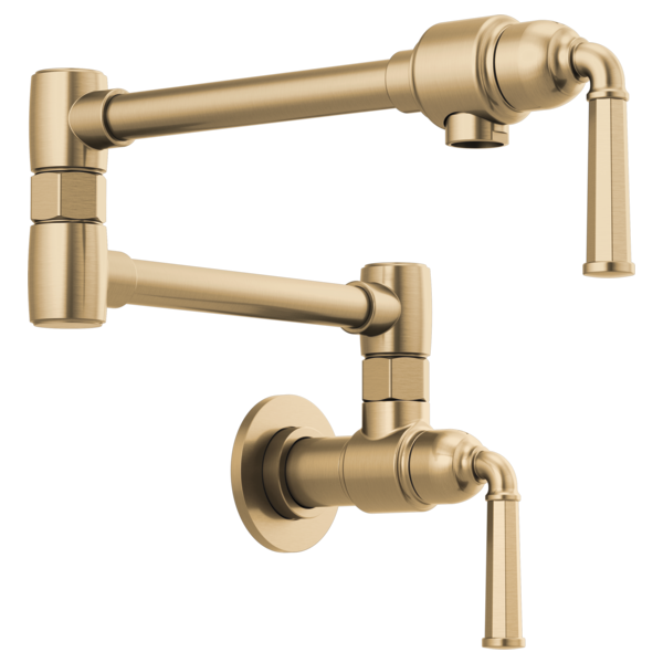 Champagne bronze wall-mounted pot filler faucet with articulating arms and dual spouts.