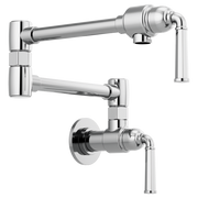 Chrome wall-mounted pot filler faucet with articulating arm and lever handle.