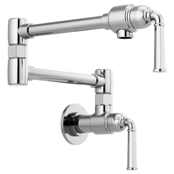 Chrome wall-mounted pot filler faucet with articulating arm and lever handle.