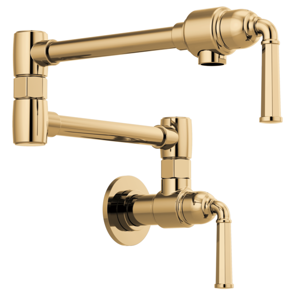 Brass wall-mount pot filler faucet with dual articulated arms and spouts.