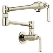 Polished nickel wall-mount pot filler with articulating arm and dual swing spouts.