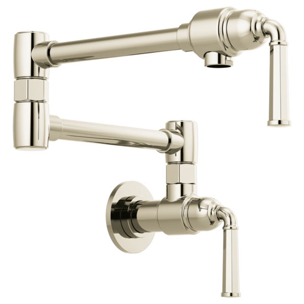 Polished nickel wall-mount pot filler with articulating arm and dual swing spouts.