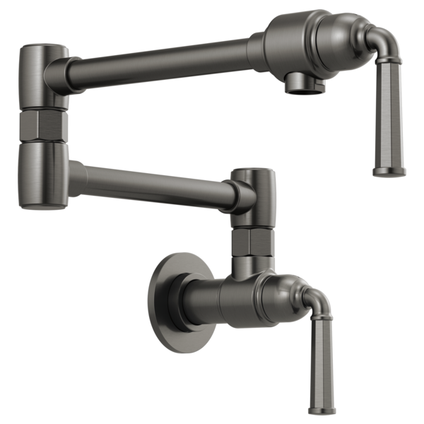 Gunmetal wall-mounted pot filler faucet with dual swing arms and cylindrical spout handles.
