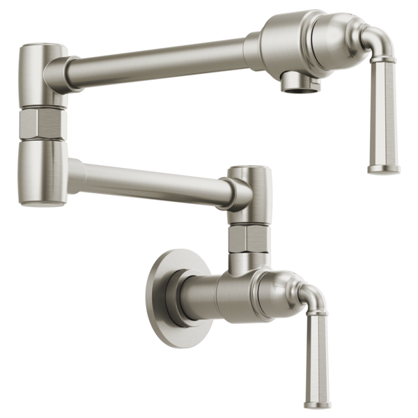 Brushed nickel wall-mounted pot filler faucet with dual articulating arms and separate spout outlets.
