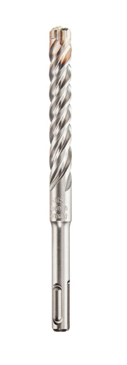 Milwaukee SDS-Plus 4-cutter drill bit with spiral flutes and four-point tip for concrete and masonry drilling.