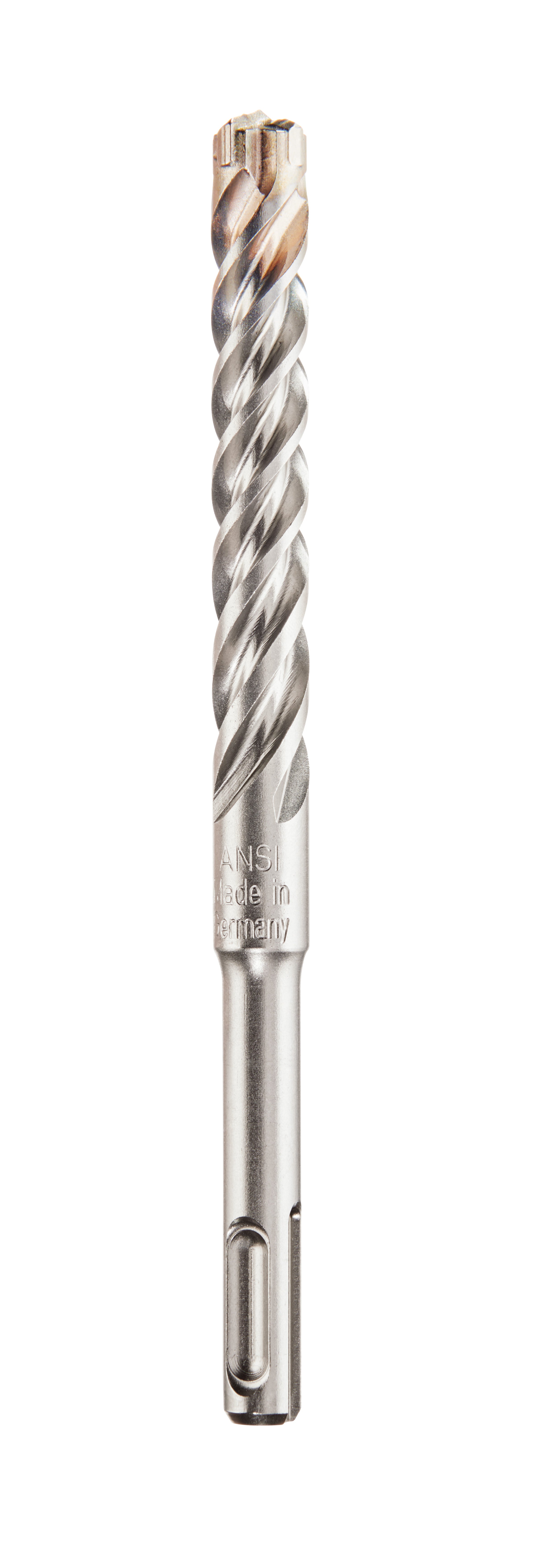 SDS-Plus masonry drill bit with four cutting edges and spiral flutes, SDS shank at bottom.