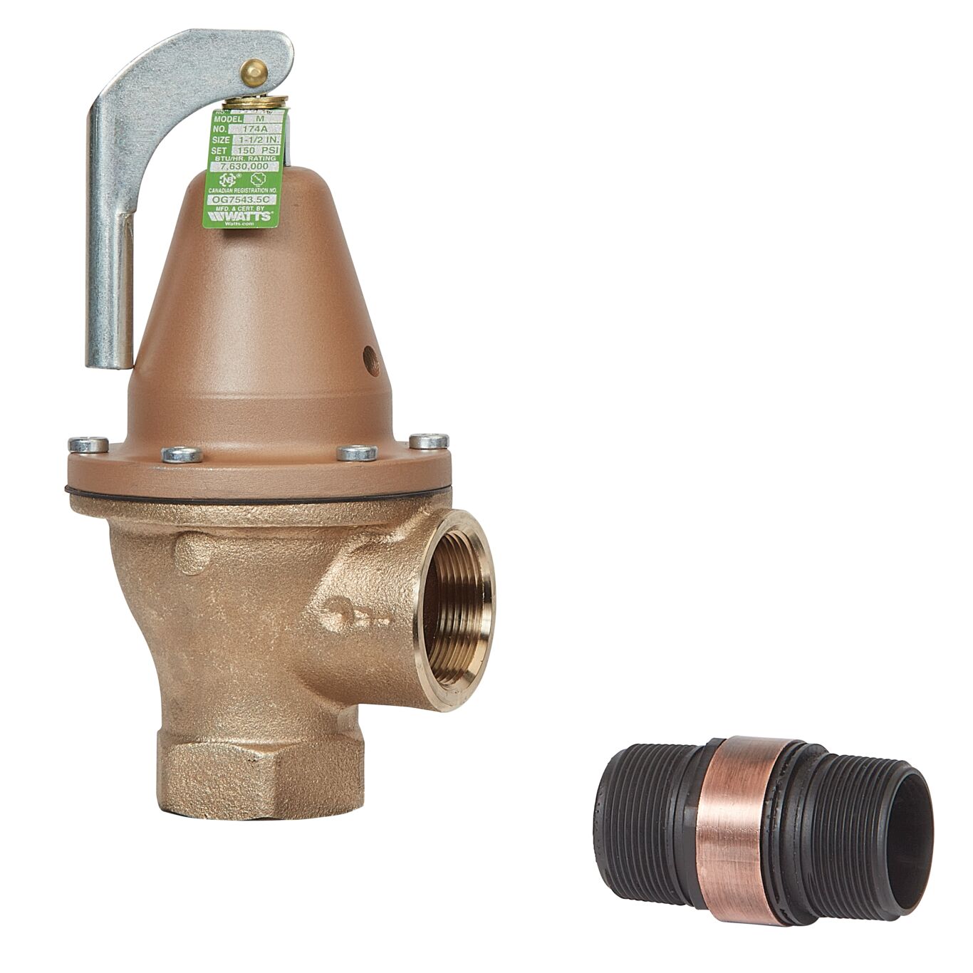 Bronze boiler pressure relief valve with gray lever arm, green label, and separate flood sensor connector shown below.