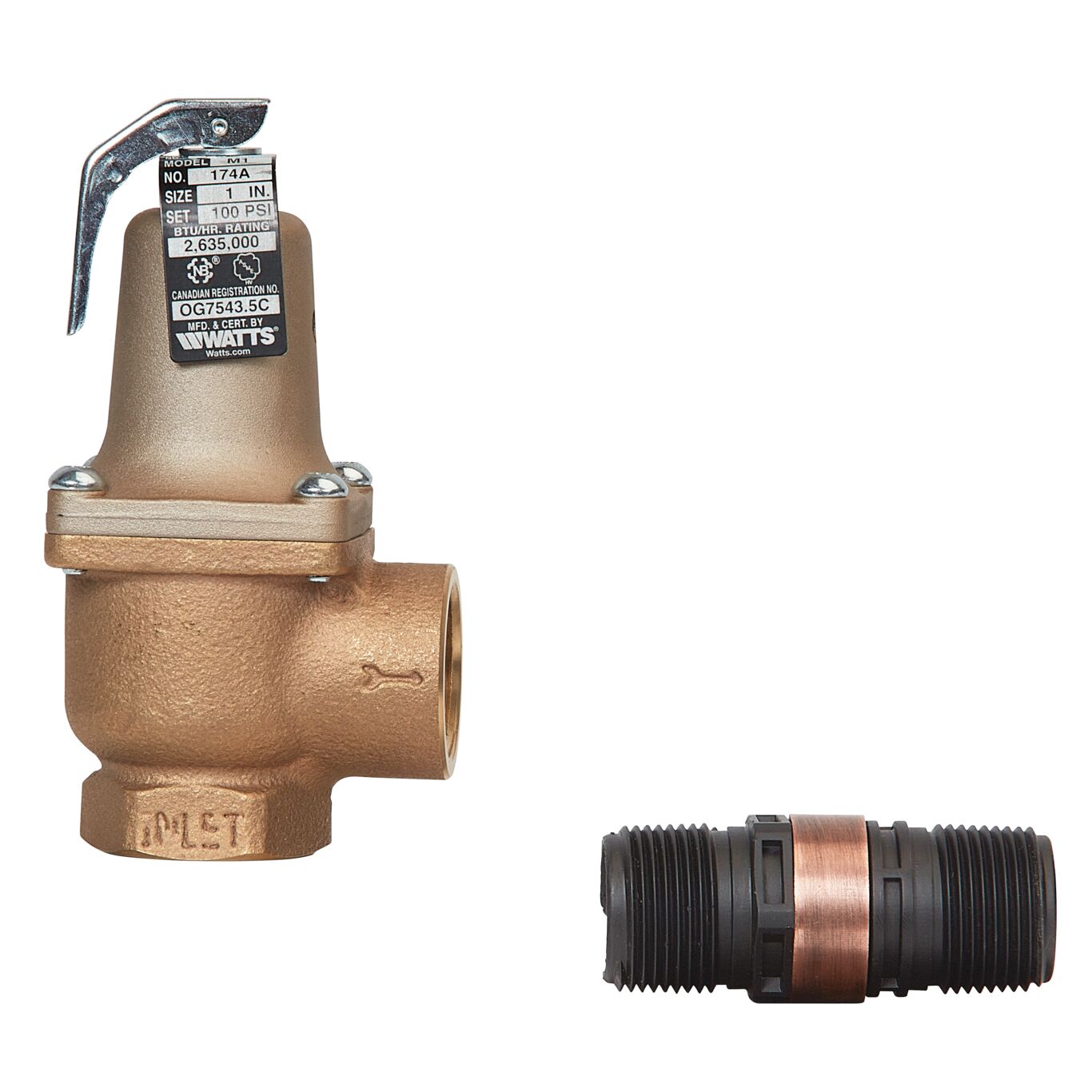 Bronze boiler pressure relief valve with lever handle and label, shown with separate flood sensor connector.