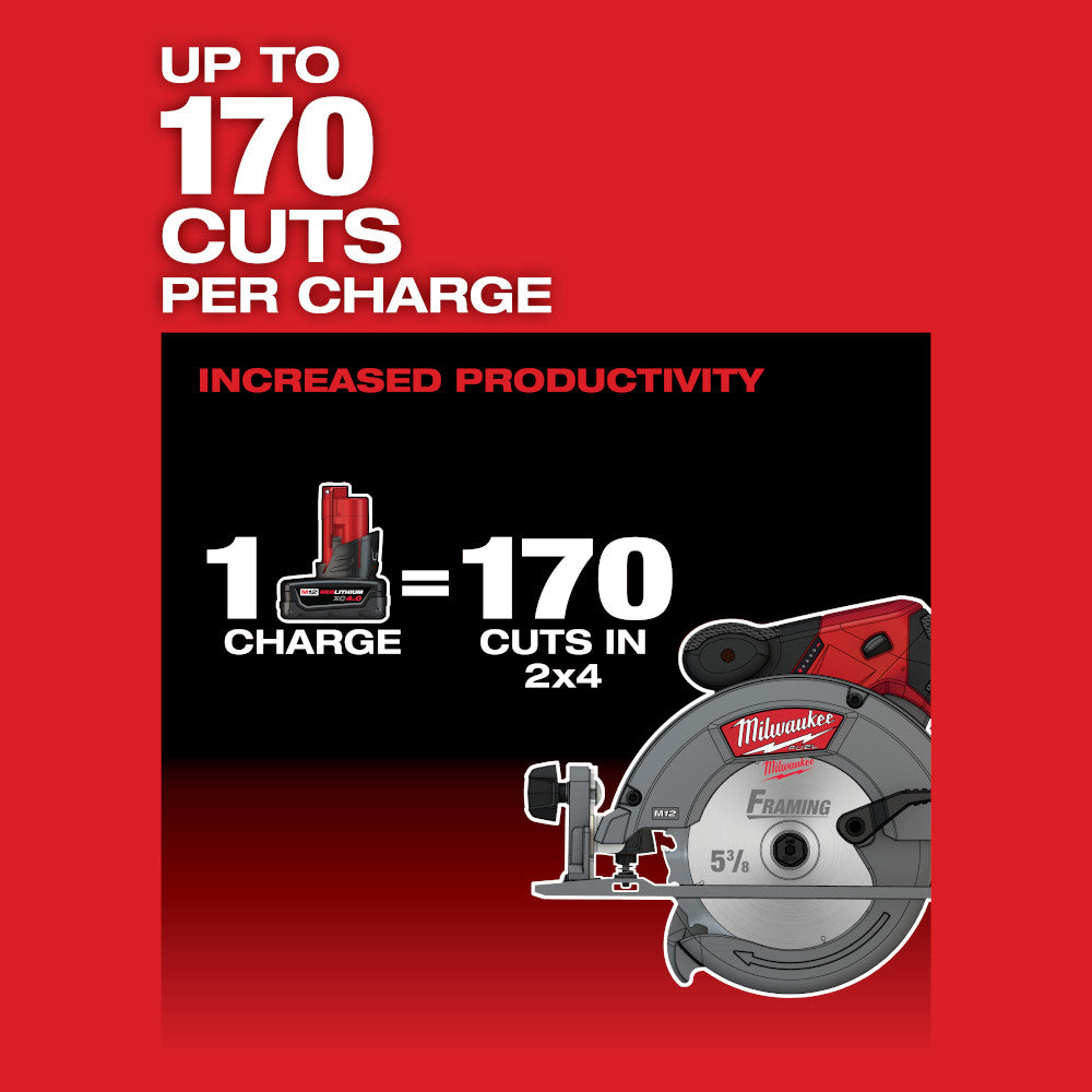 Milwaukee M12 FUEL 5-3/8 inch circular saw with red and black housing, shown with battery and framing blade.