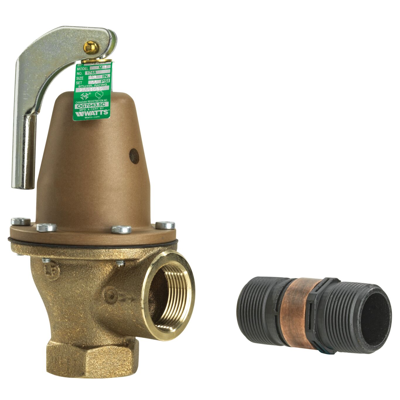 Bronze boiler pressure relief valve with lever handle, green label, and threaded discharge connector shown separately.