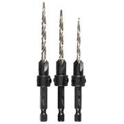 Three metal countersink bits with spiral flutes and black hex shanks in graduating sizes.