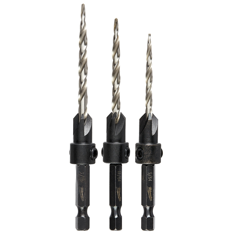 Three metal countersink bits with spiral flutes and black hex shanks in graduating sizes.