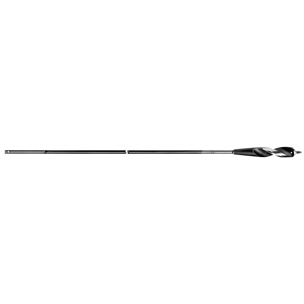 Black flexible cable bit with spiral flutes and auger-style tip for drilling through walls and obstacles.