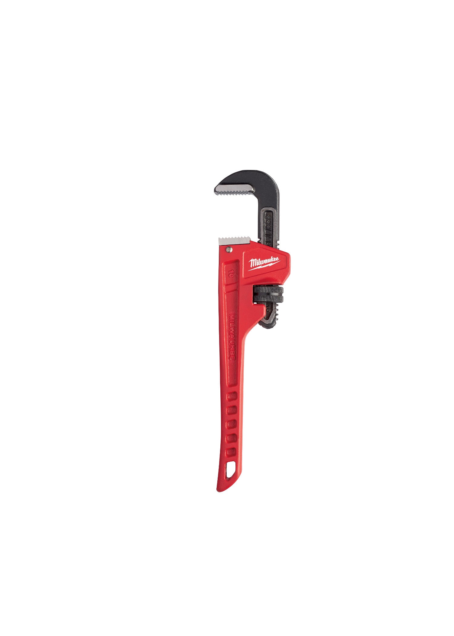 Red steel pipe wrench with black hook jaw and adjustable grip mechanism on handle.