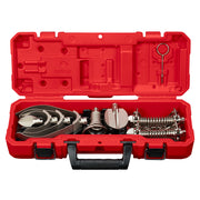 Red plastic case containing metal drum cable head attachments, springs, and accessory components for 5/8" and 3/4" cables.