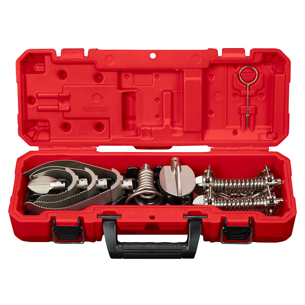 Red plastic case containing metal drum cable head attachments, springs, and accessory components for 5/8" and 3/4" cables.