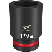 Black deep impact socket with 1" drive and 1-13/16" size marking, featuring red grip band and hexagonal opening.