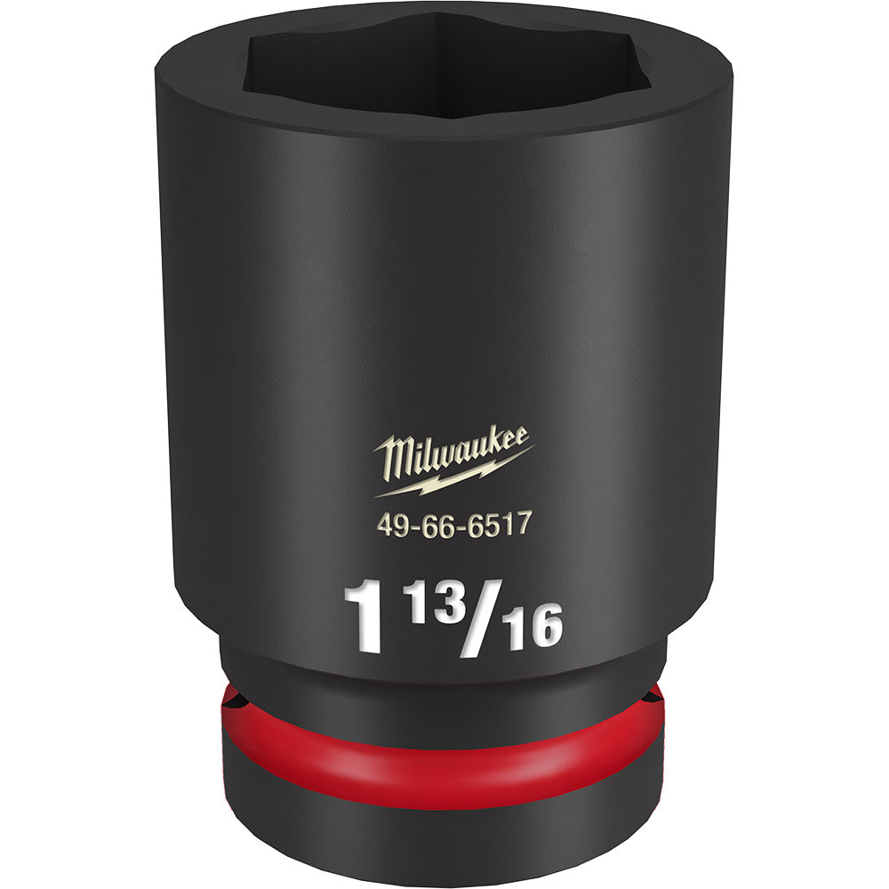 Black deep impact socket with 1" drive and 1-13/16" size marking, featuring red grip band and hexagonal opening.