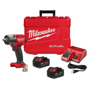 Milwaukee M18 FUEL 1/2" mid-torque impact wrench with friction ring, two batteries, charger, and red carrying case.
