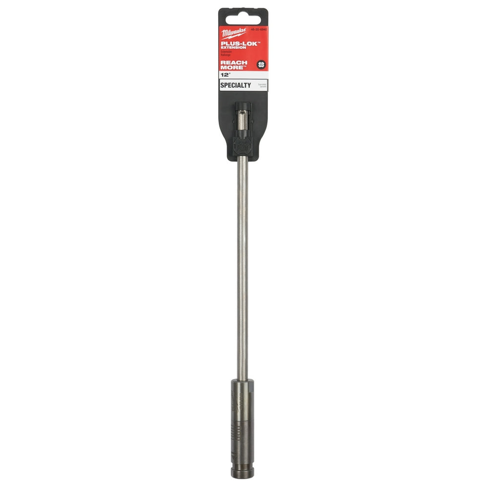 Milwaukee PLUSLOK SDS+ 12-inch extension rod with black grip handle and metal shaft.
