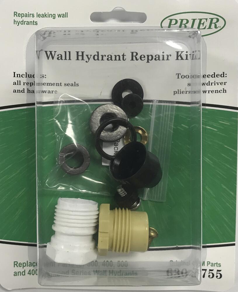 Wall hydrant repair kit containing black rubber seals, brass and white plastic fittings in clear blister packaging.