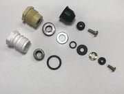 Mansfield wall hydrant kit components including brass and plastic threaded fittings, rubber seals, washers, and metal screws 