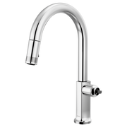 Lumicoat chrome pull-down kitchen faucet with curved arc spout and single side handle.