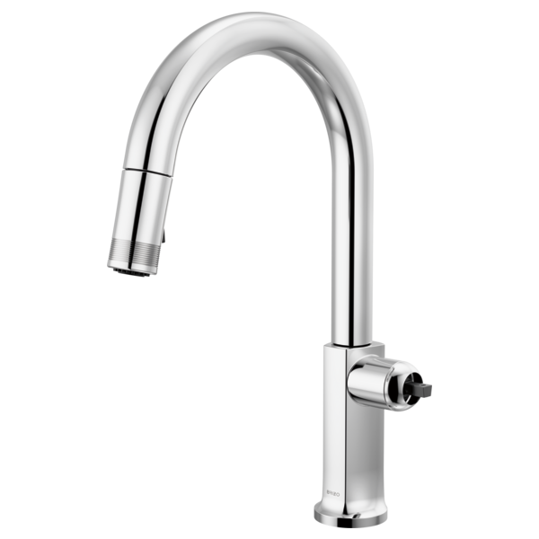 Lumicoat chrome pull-down kitchen faucet with curved arc spout and single side handle.
