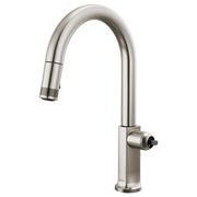 Stainless steel pull-down kitchen faucet with curved arc spout and single side-mounted control lever.