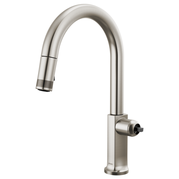 Stainless steel pull-down kitchen faucet with curved arc spout and single side-mounted control lever.