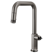 Black Onyx pull-down kitchen faucet with squared spout and single control handle.