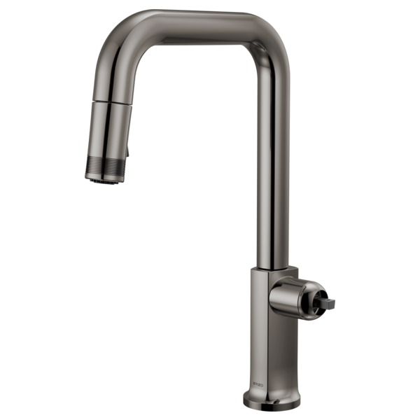 Black Onyx pull-down kitchen faucet with squared spout and single control handle.