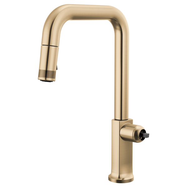 Gold pull-down kitchen faucet with square spout and single side control lever.