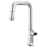 Chrome pull-down kitchen faucet with square spout and single side control lever.