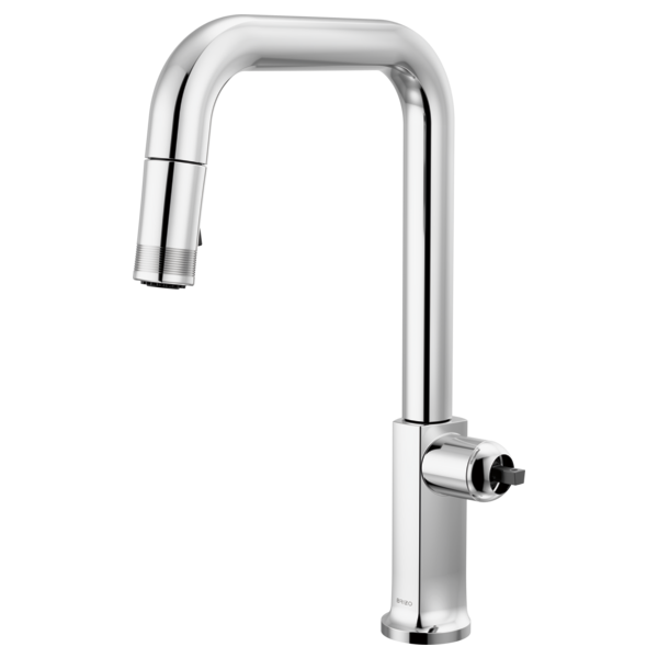 Chrome pull-down kitchen faucet with square spout and single side control lever.