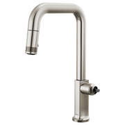 Stainless steel pull-down kitchen faucet with square spout and single control lever on right side.
