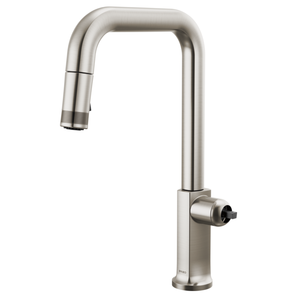 Stainless steel pull-down kitchen faucet with square spout and single control lever on right side.