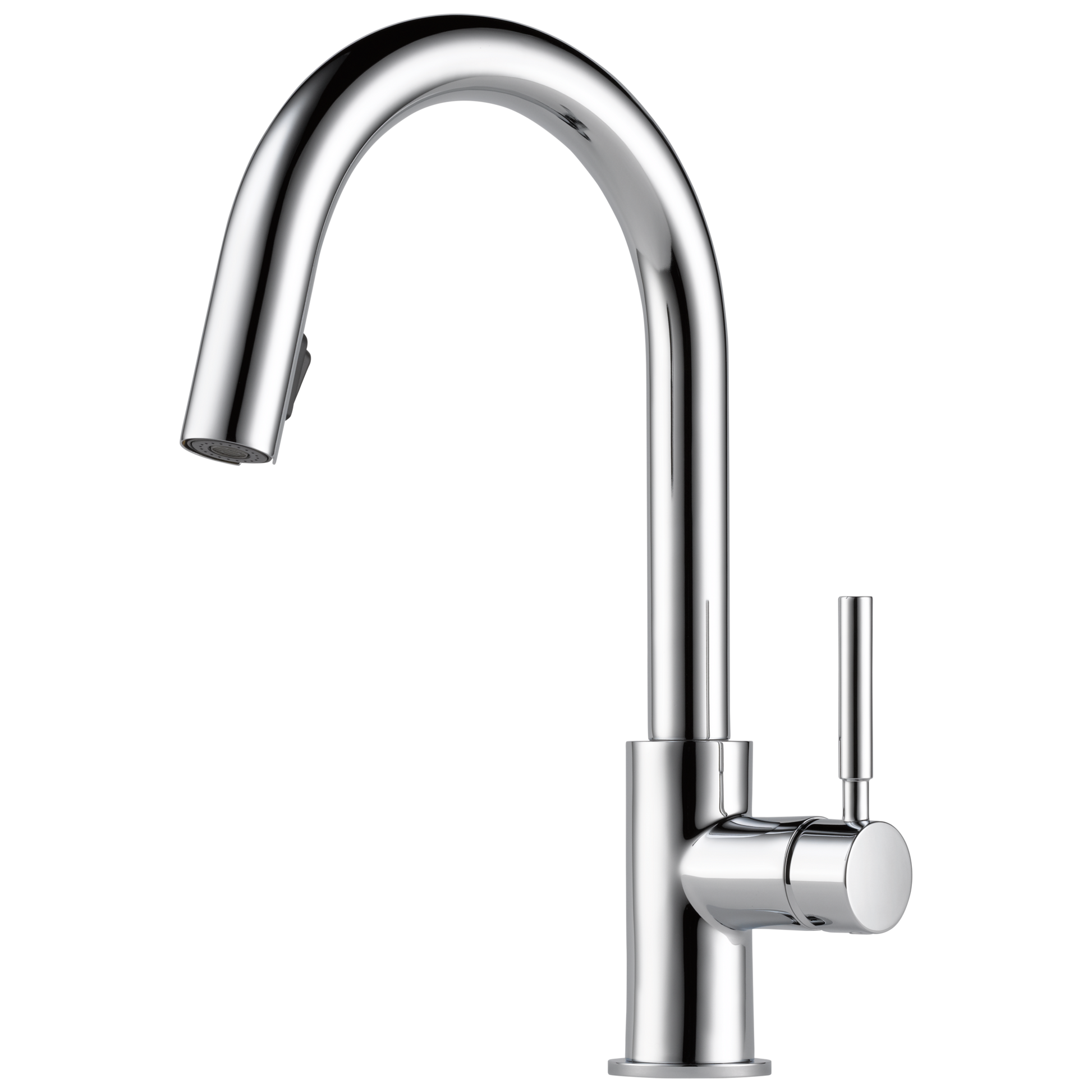 Chrome single-handle kitchen faucet with curved pull-down spout and cylindrical handle.