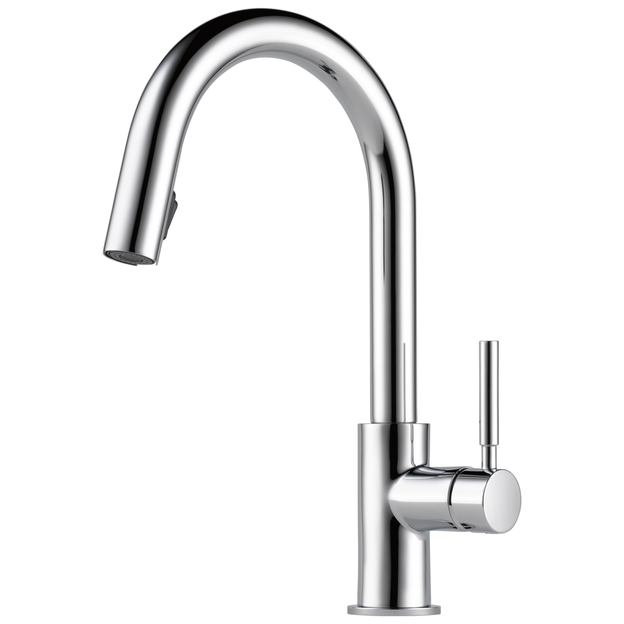 Chrome single-handle kitchen faucet with curved pull-down spout and cylindrical handle.