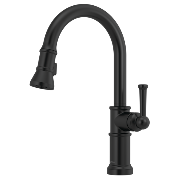 Black pull-down kitchen faucet with curved spout and single lever handle.