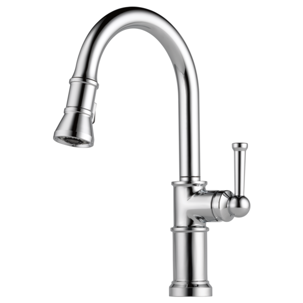Stainless steel kitchen faucet with curved spout, single lever handle, and pull-down spray head.