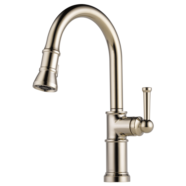 Brushed nickel kitchen faucet with high curved spout and pull-down spray head with single lever handle.