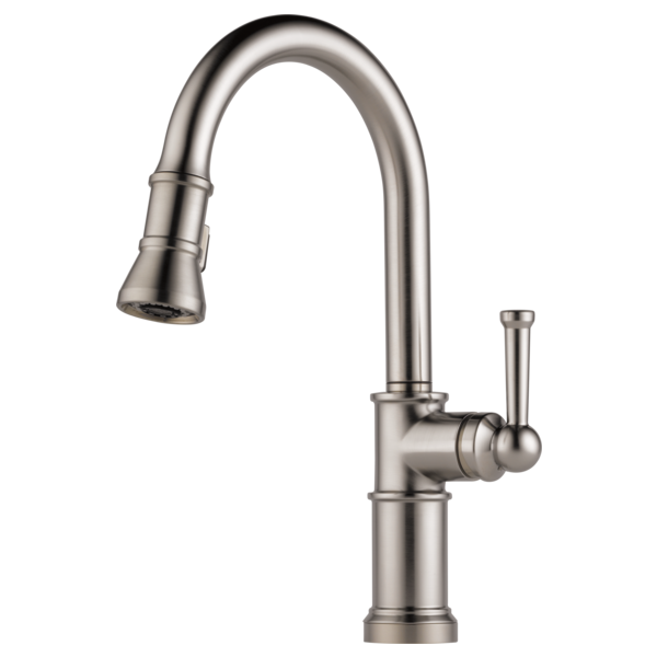 Stainless steel kitchen faucet with curved spout, single handle lever, and pull-down spray head.