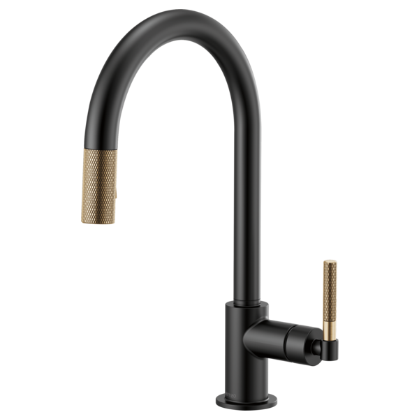 Black pull-down kitchen faucet with curved spout and knurled brass handle.