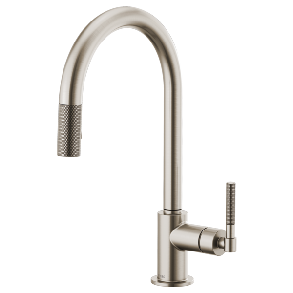 Stainless steel pull-down kitchen faucet with curved arc spout and knurled handle grip.