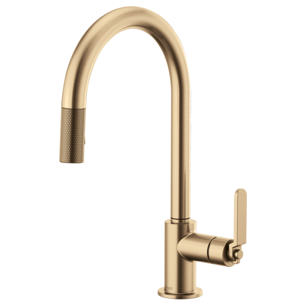 Champagne bronze pull-down kitchen faucet with arched spout and knurled handle grip.