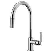 Chrome pull-down kitchen faucet with curved arc spout and textured industrial handle.